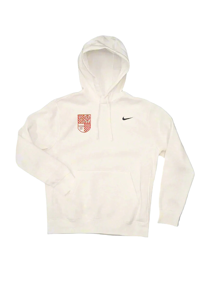 white nike hoodie with red Regis crest