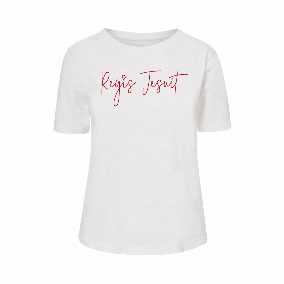 Women's Relaxed White Tee w/ Cursive Regis Jesuit