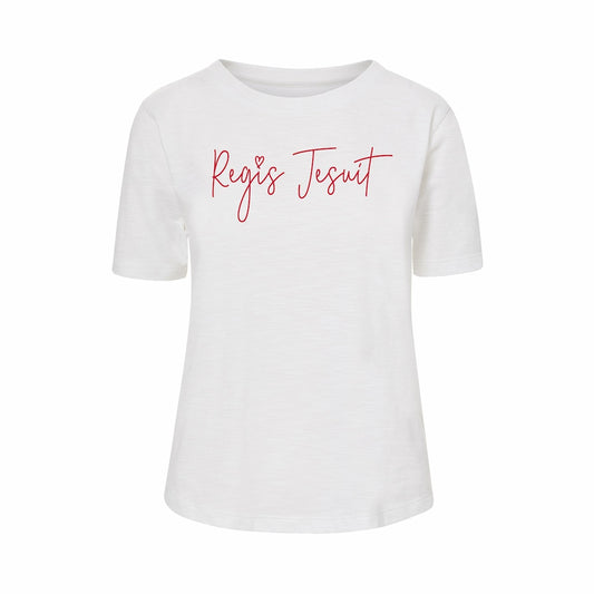 Women's Relaxed White Tee w/ Cursive Regis Jesuit