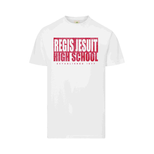White Tee with Red Print - Regis Jesuit High School